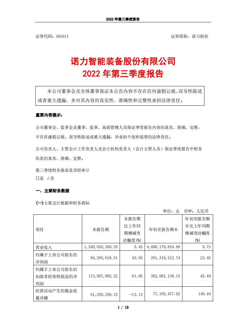 上交所-诺力股份2022年三季度报告-20221027