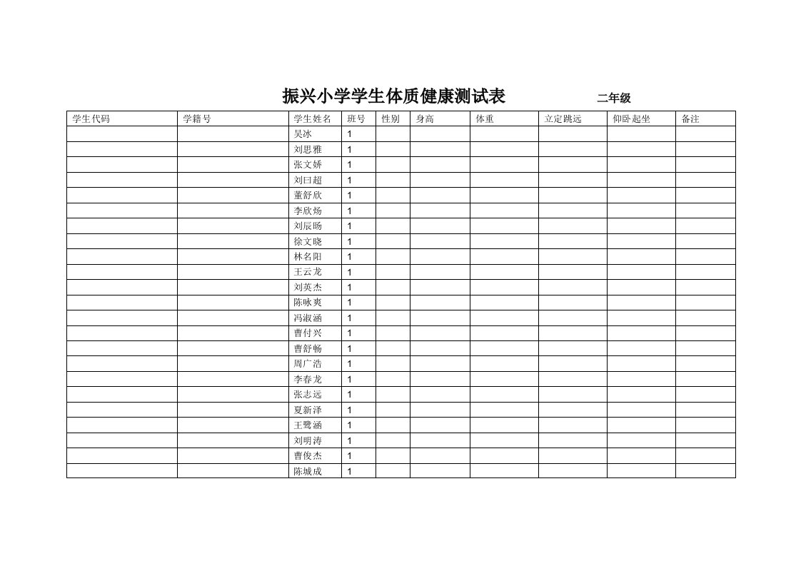 振兴小学学生体质健康测试表二年级