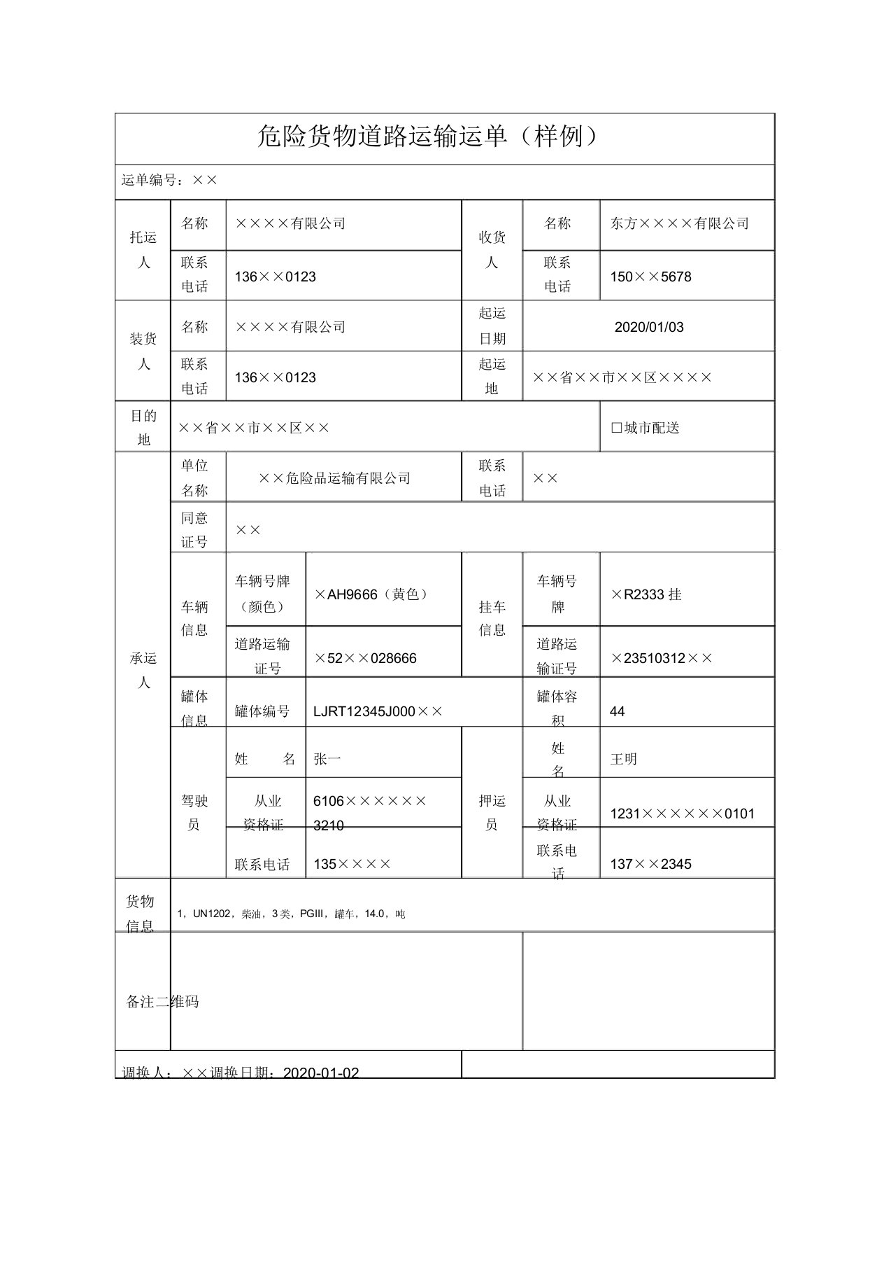 危险货物道路运输运单(样例)