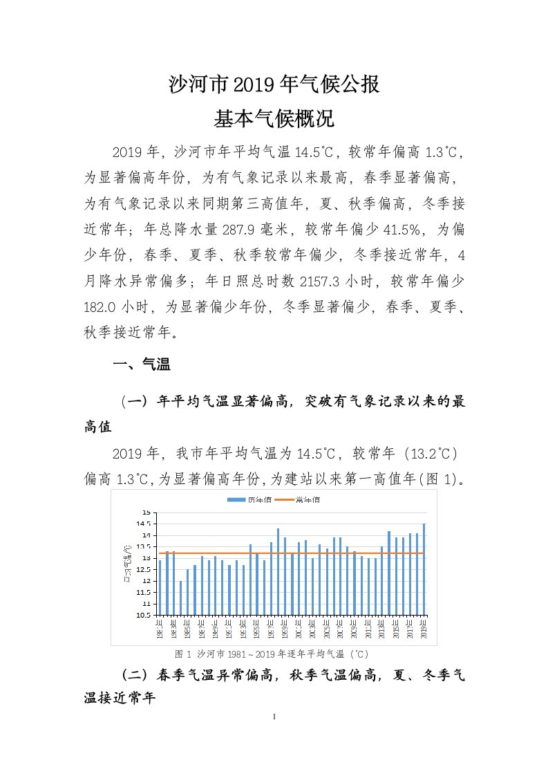 沙河市2019年气候公报