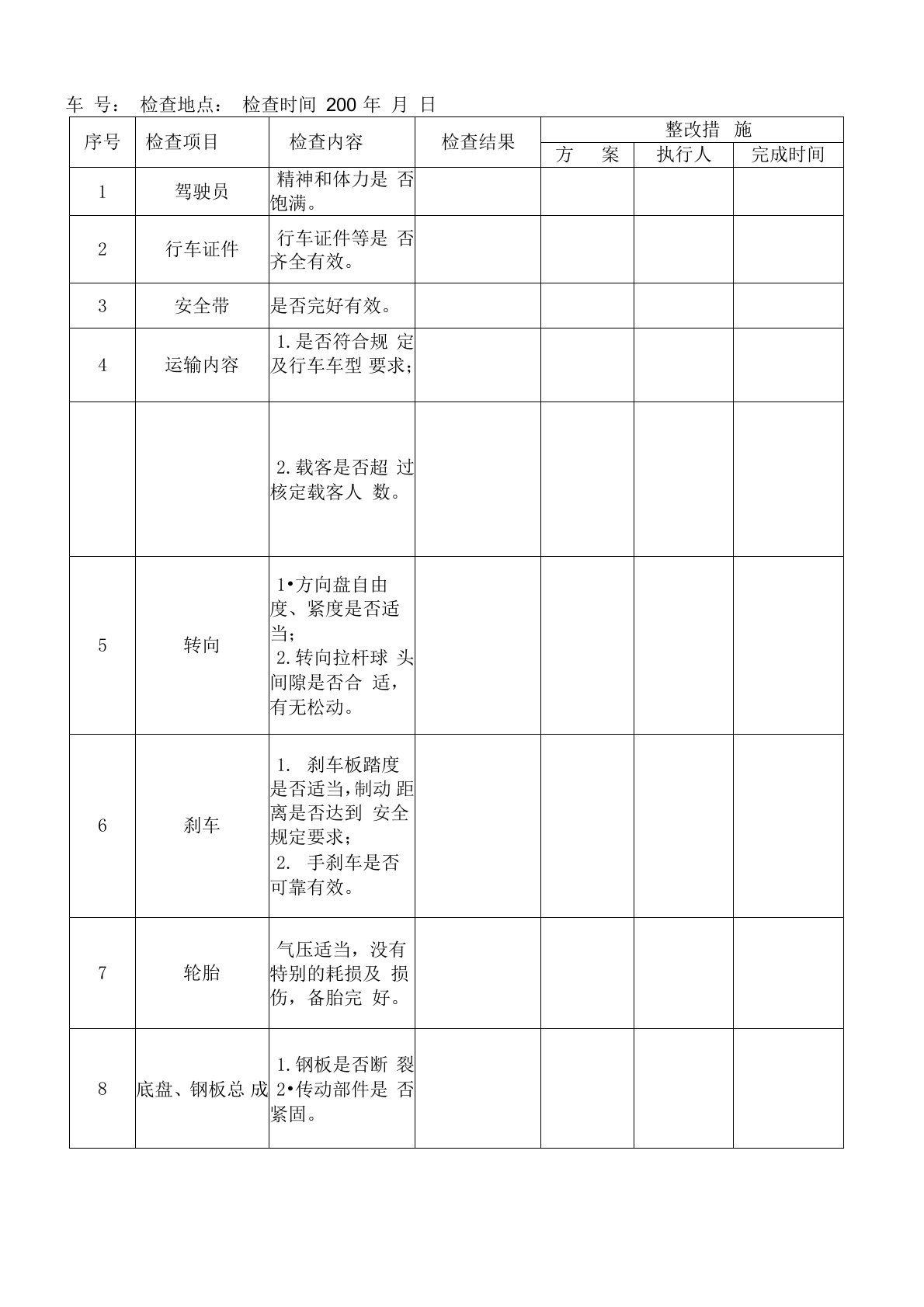 车辆安全检查表