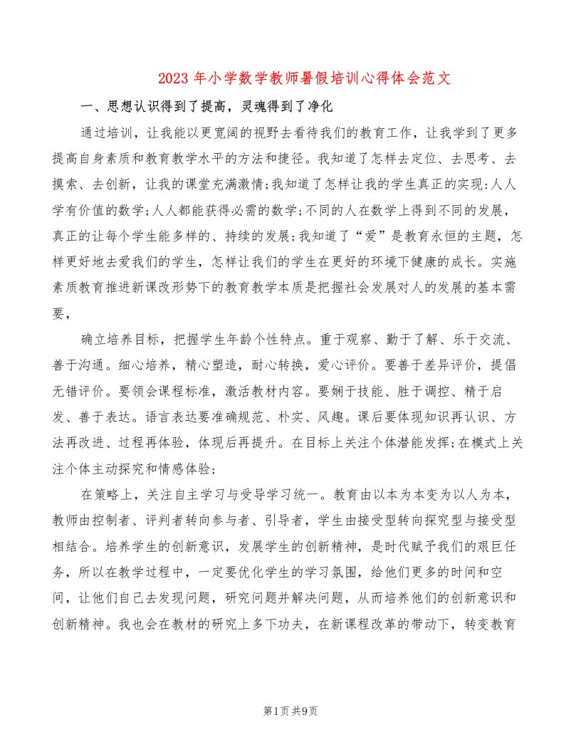 2023年小学数学教师暑假培训心得体会范文（5篇）