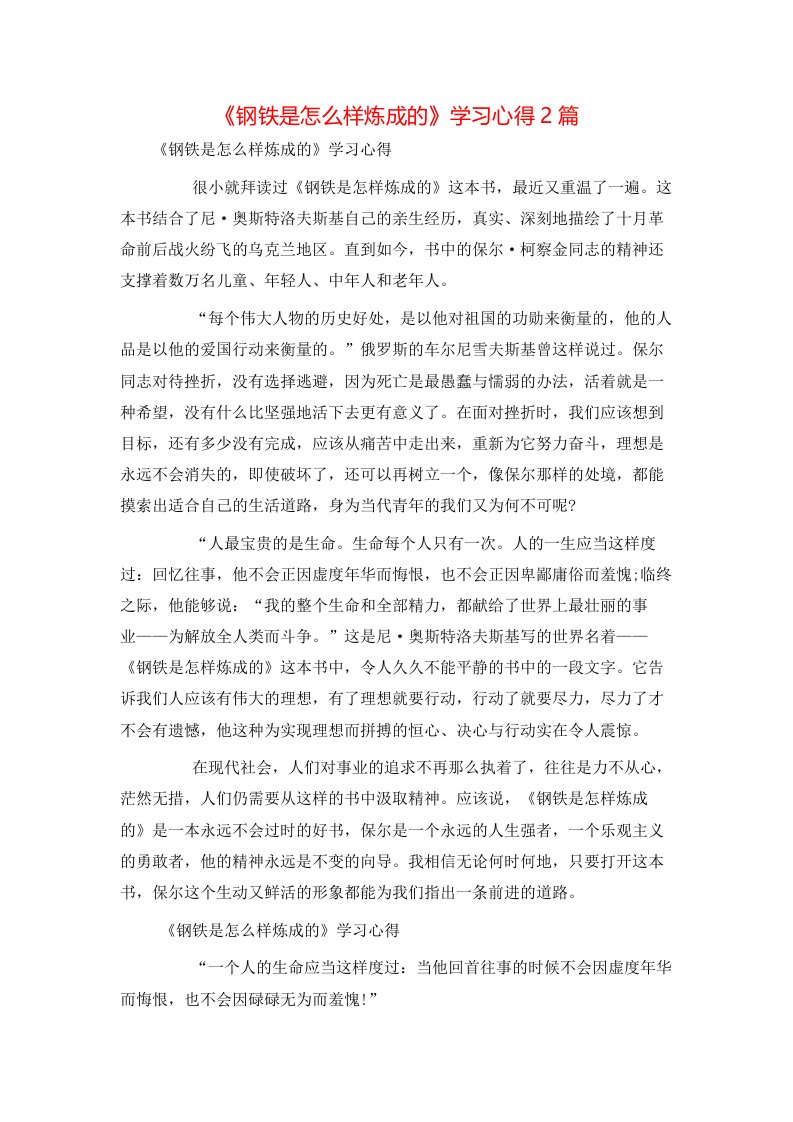 心得体会-《钢铁是怎么样炼成的》学习心得2篇