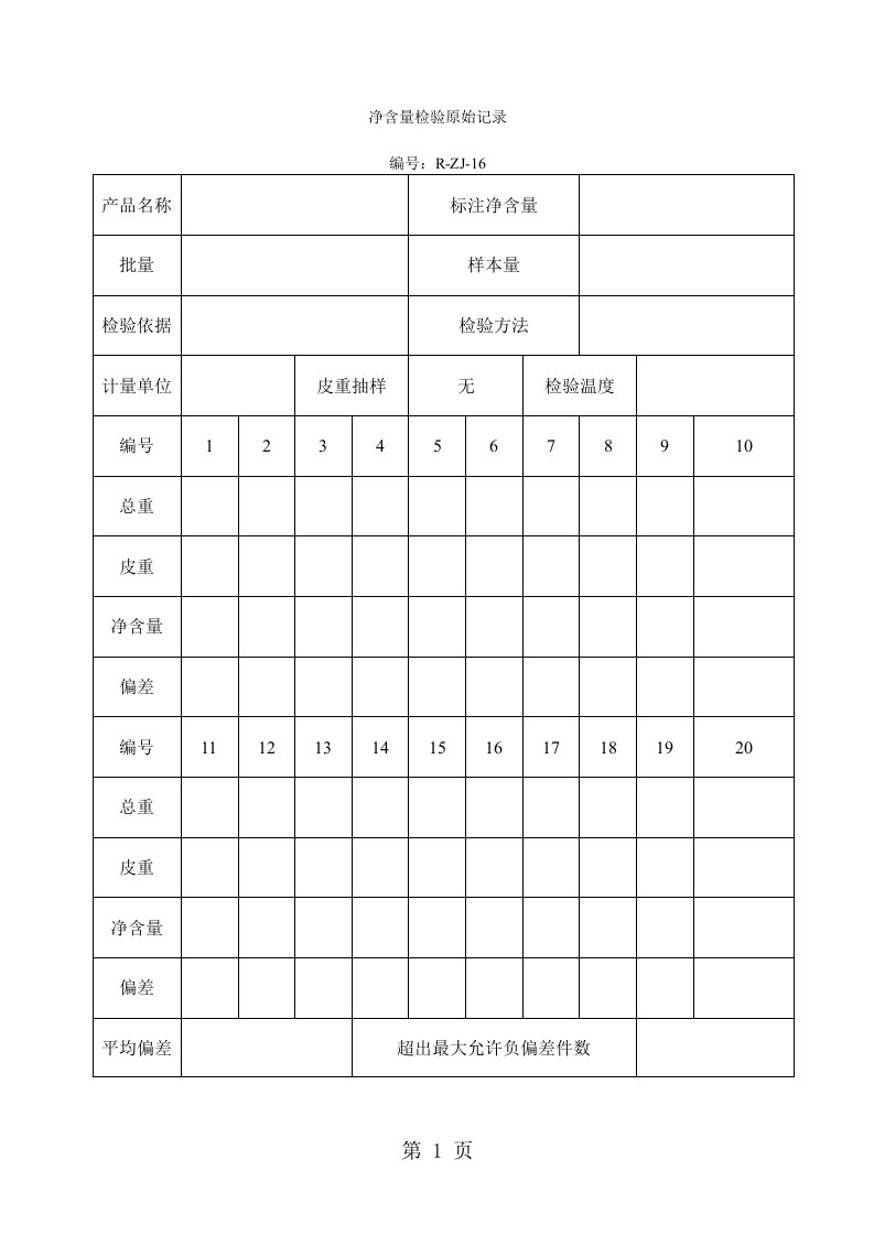 净含量检验原始记录（表格模板、doc格式）