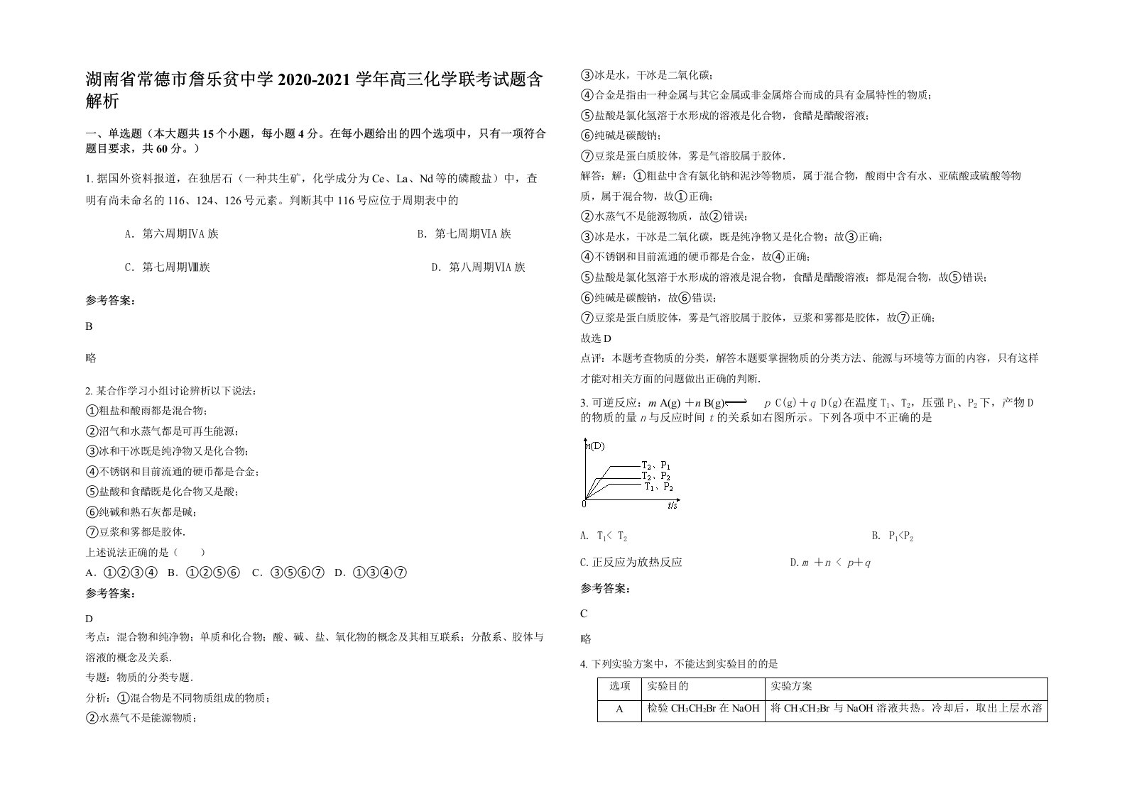 湖南省常德市詹乐贫中学2020-2021学年高三化学联考试题含解析