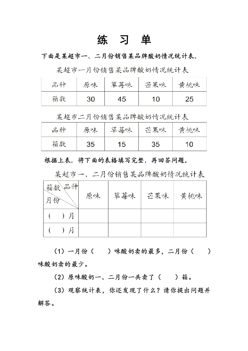 人教版三年级数学下册认识复式统计表