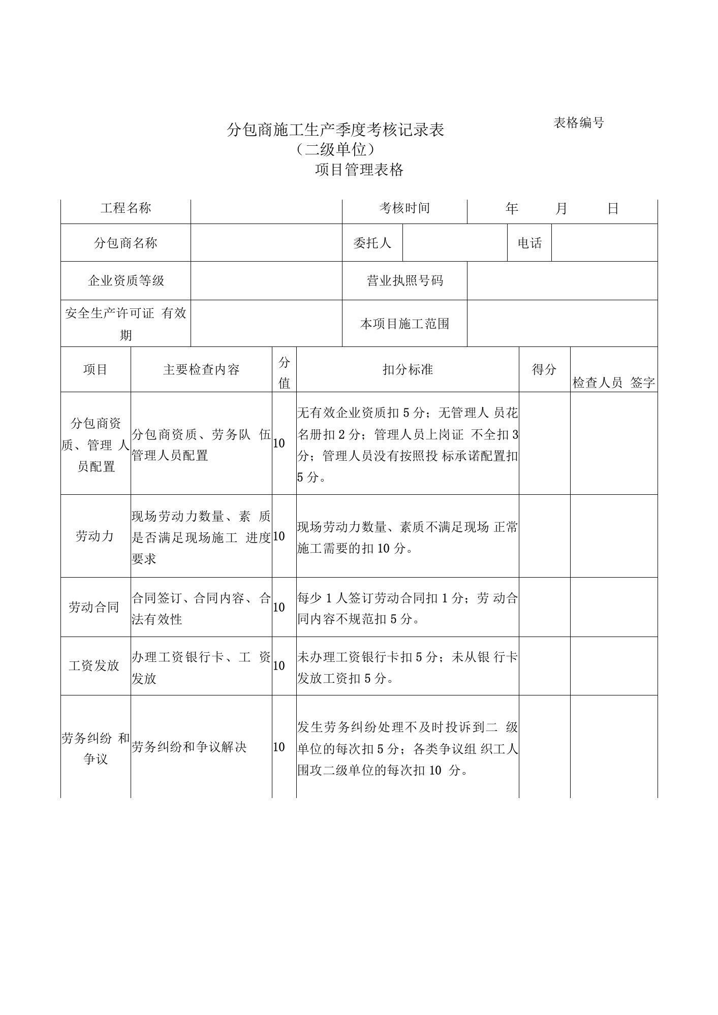 分包商考核记录表（二级单位施工生产）