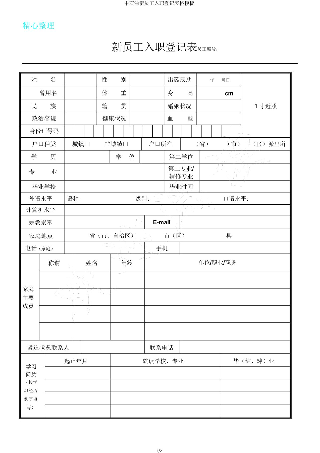 中石油新员工入职登记表格模板