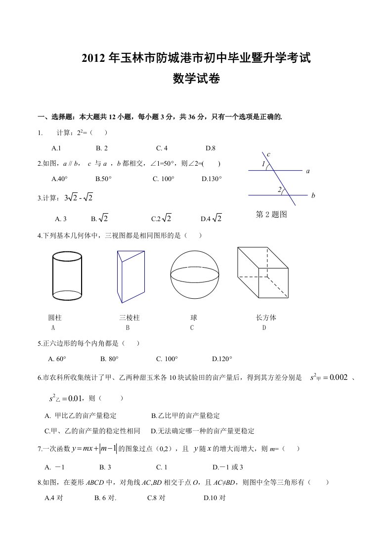 2012年广西省玉林市中考数学试题及答案