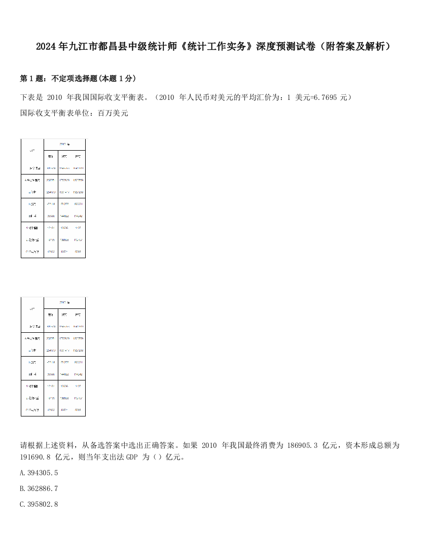 2024年九江市都昌县中级统计师《统计工作实务》深度预测试卷（附答案及解析）