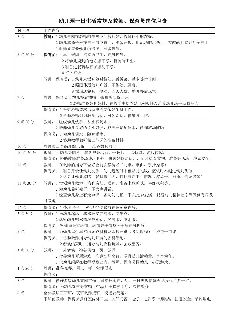 幼儿园一日生活常规及老师、保育员工作职责