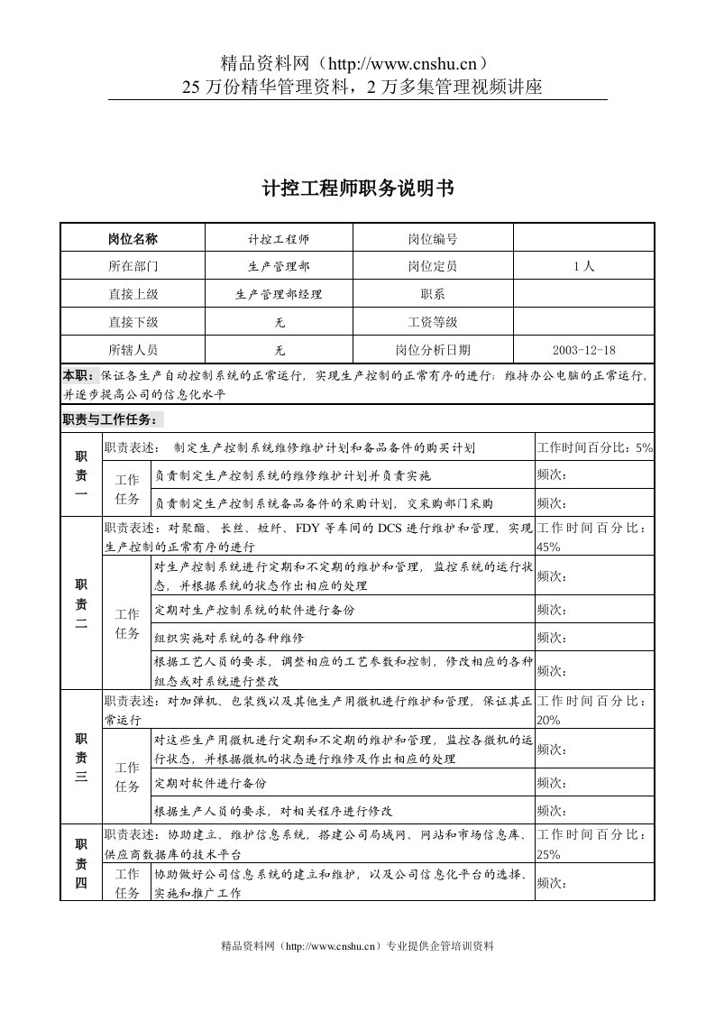 湖北新丰化纤公司生产管理部计控工程师职务说明书