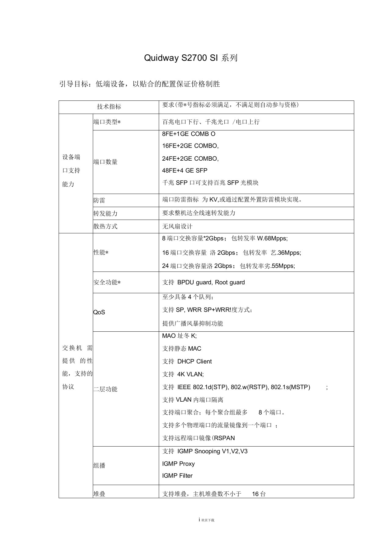 华为交换机招标参数