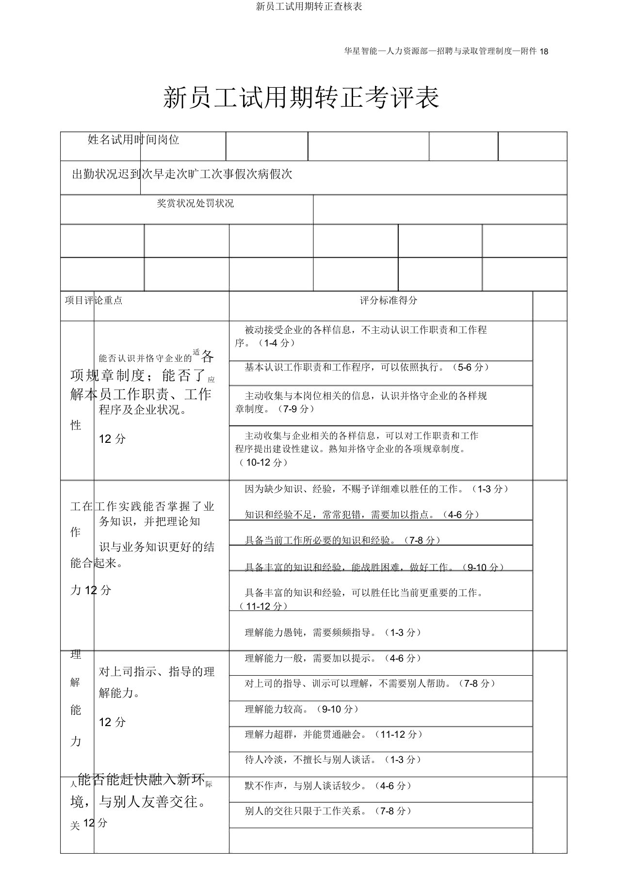 新员工试用期转正考核表