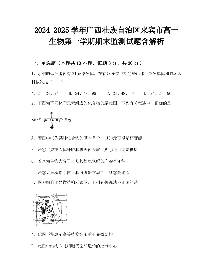 2024-2025学年广西壮族自治区来宾市高一生物第一学期期末监测试题含解析