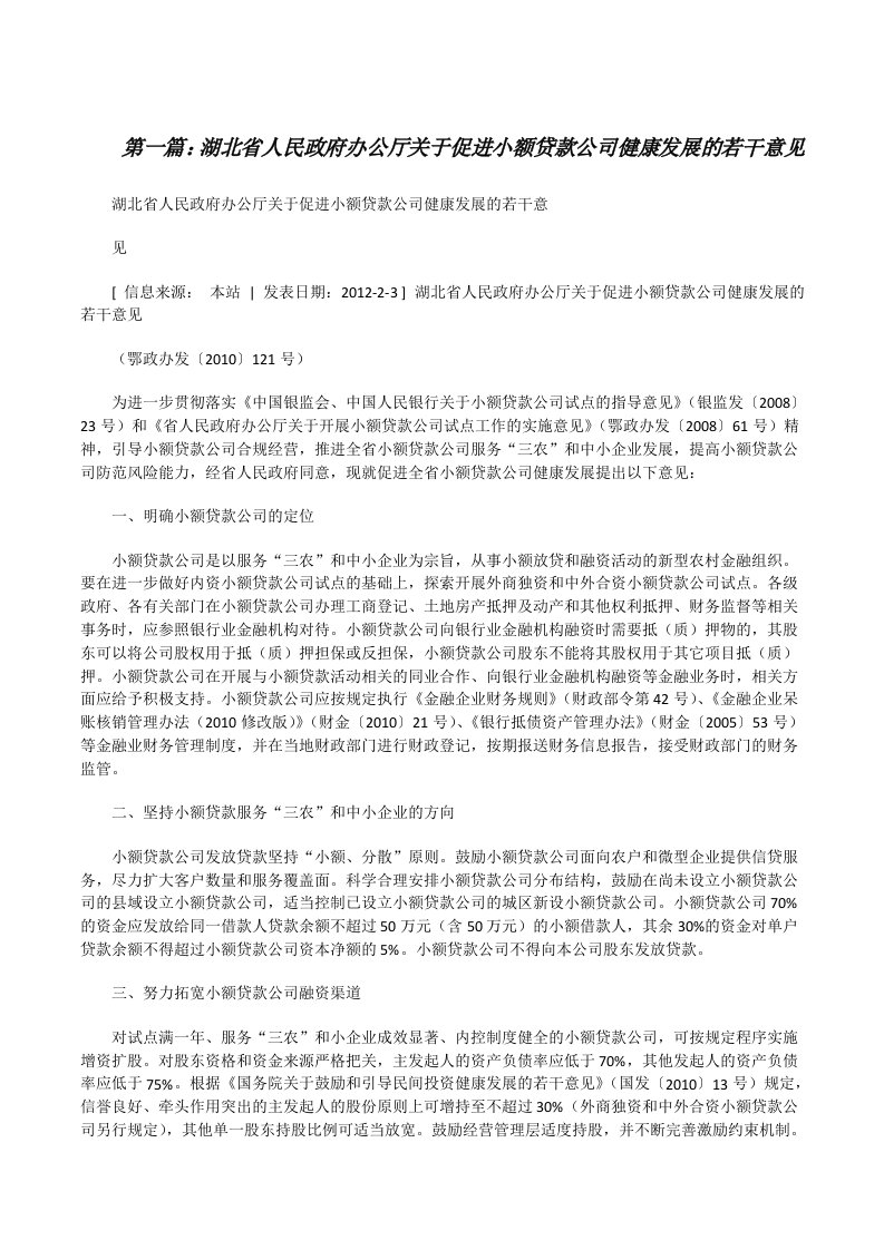 湖北省人民政府办公厅关于促进小额贷款公司健康发展的若干意见范文大全[修改版]