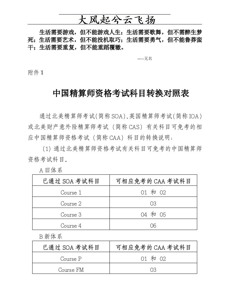 Erkffe中国精算师资格考试科目转换对照表