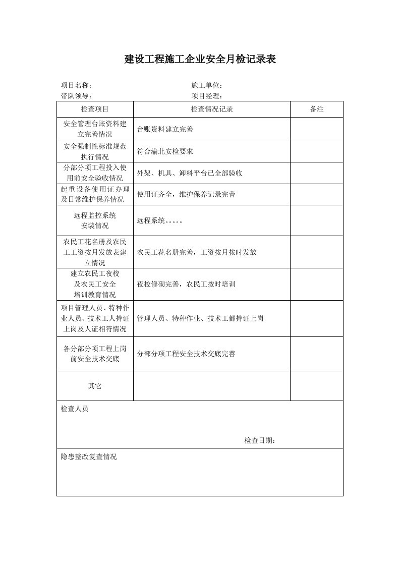 建设工程施工企业安全月检记录表