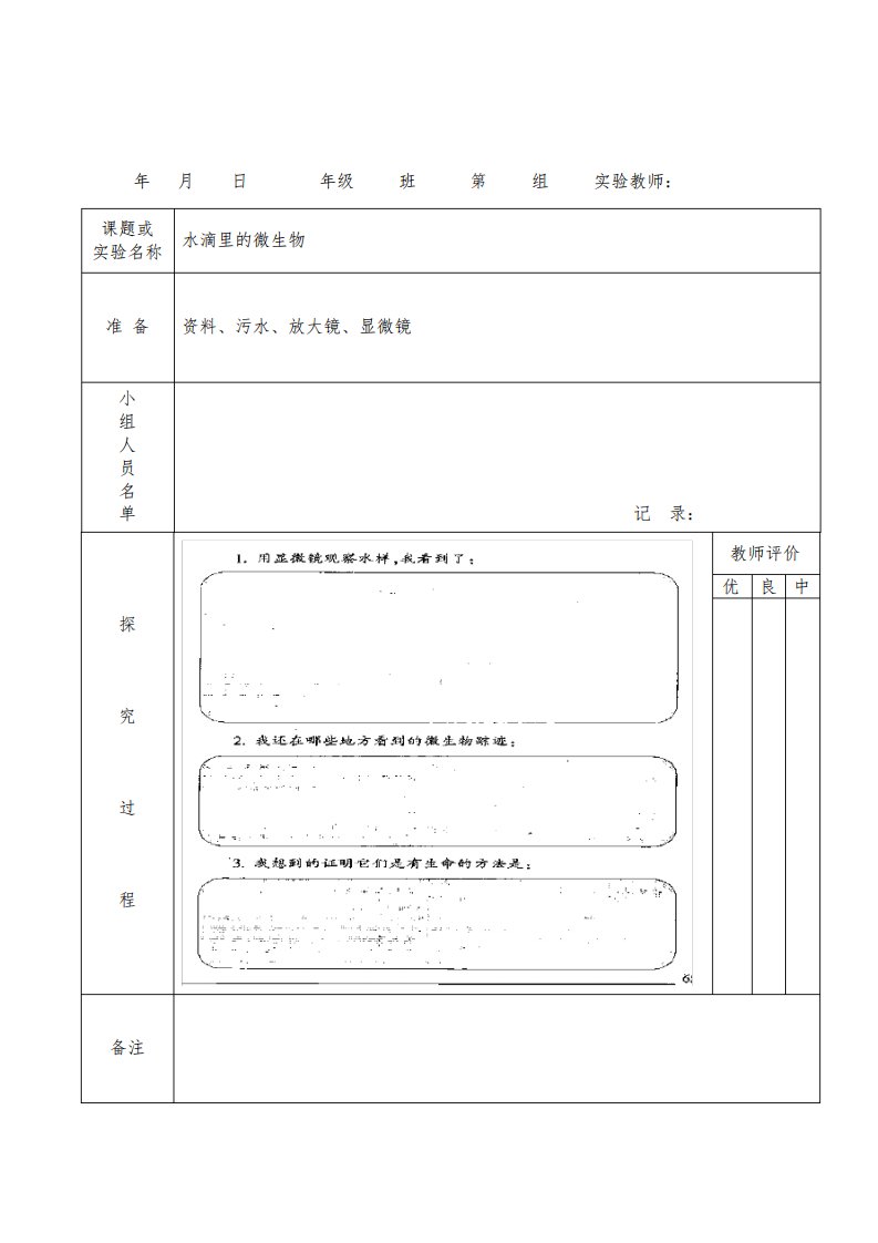 小学科学学生探究活动记录表(六年级上)