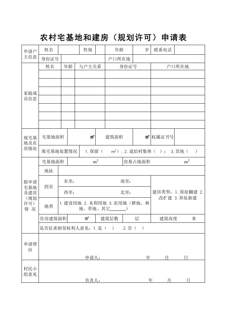 最新-农村宅基地和建房（规划许可）申请表模板