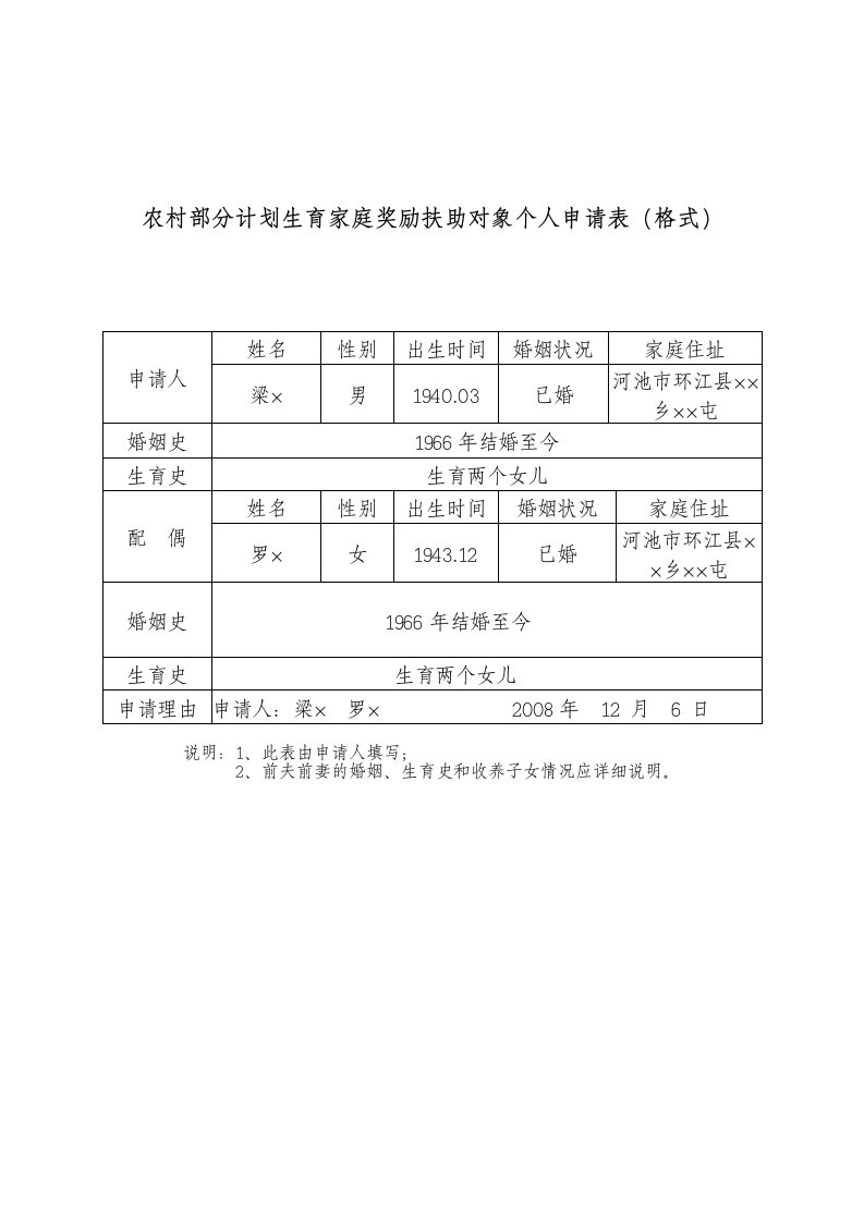 农村部分计划生育家庭奖励扶助对象个人申请表格式