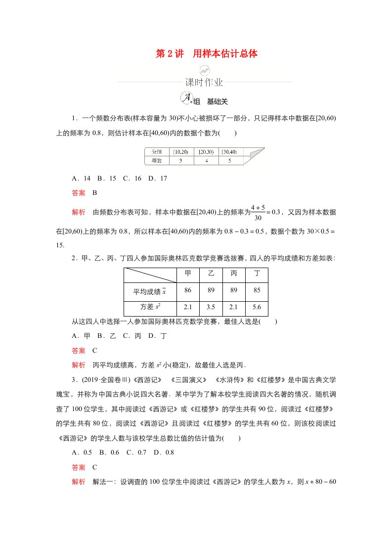 新课程2021高考数学一轮复习第九章第2讲用样本估计总体课时作业含解析