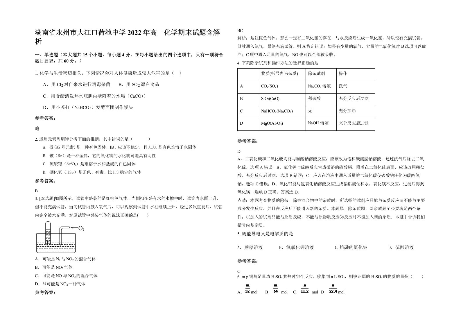 湖南省永州市大江口荷池中学2022年高一化学期末试题含解析