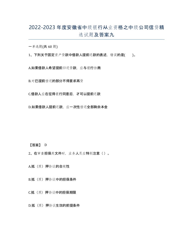 2022-2023年度安徽省中级银行从业资格之中级公司信贷试题及答案九