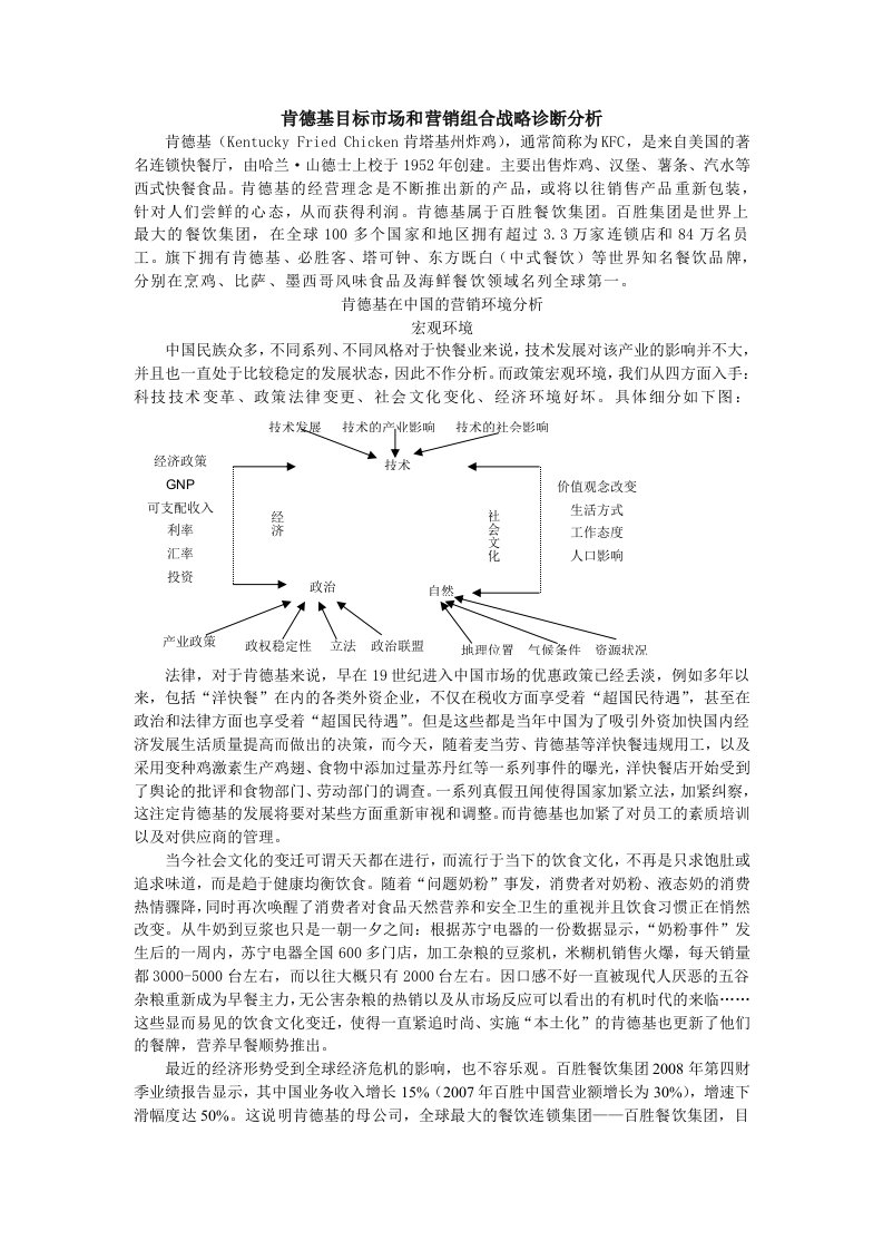 肯德基目标市场和营销组合战略诊断分析