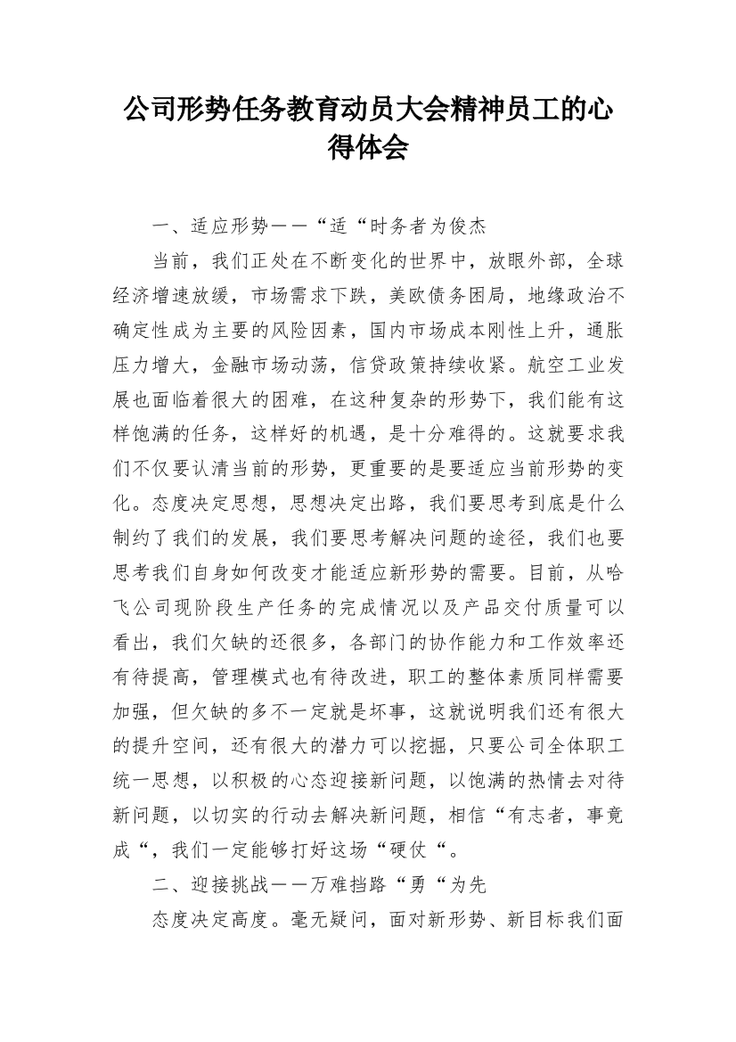 公司形势任务教育动员大会精神员工的心得体会