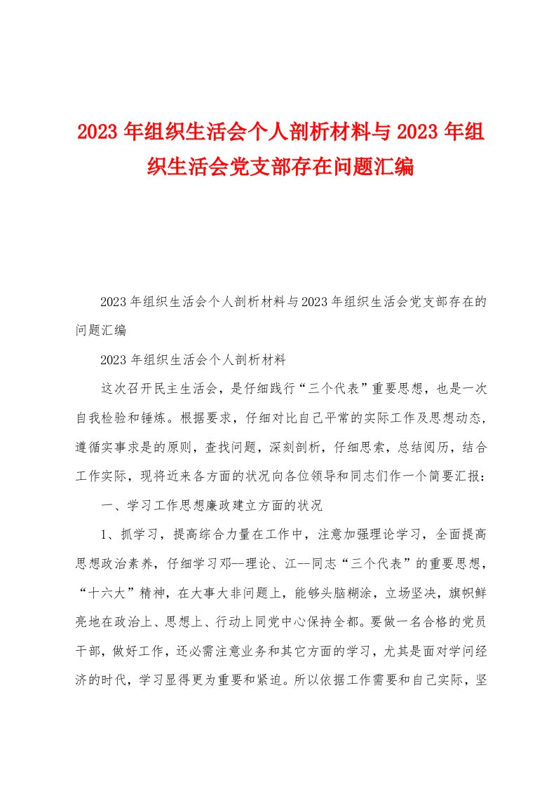 2023年组织生活会个人剖析材料与2023年组织生活会党支部存在问题汇编