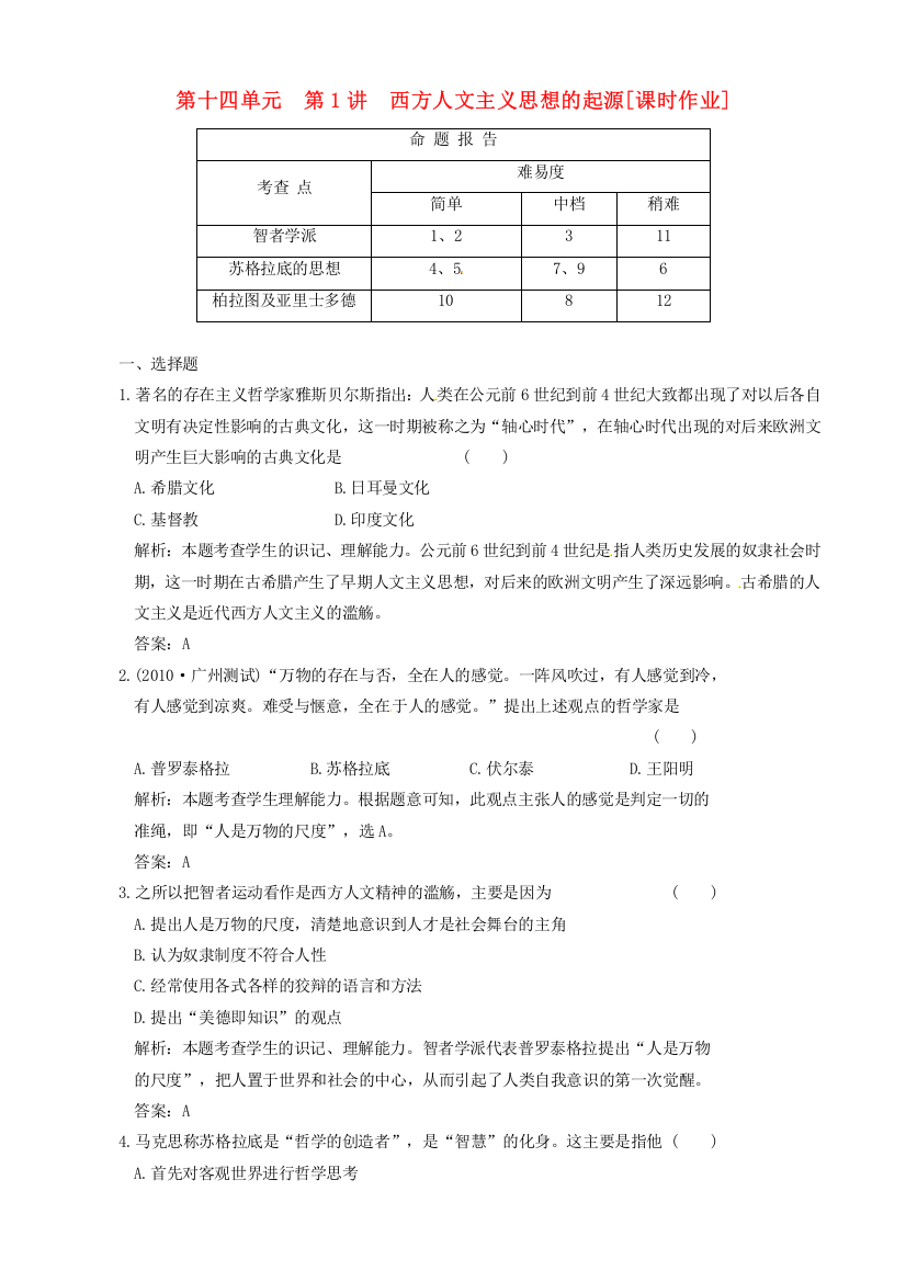 2011年高考历史复习课时作业