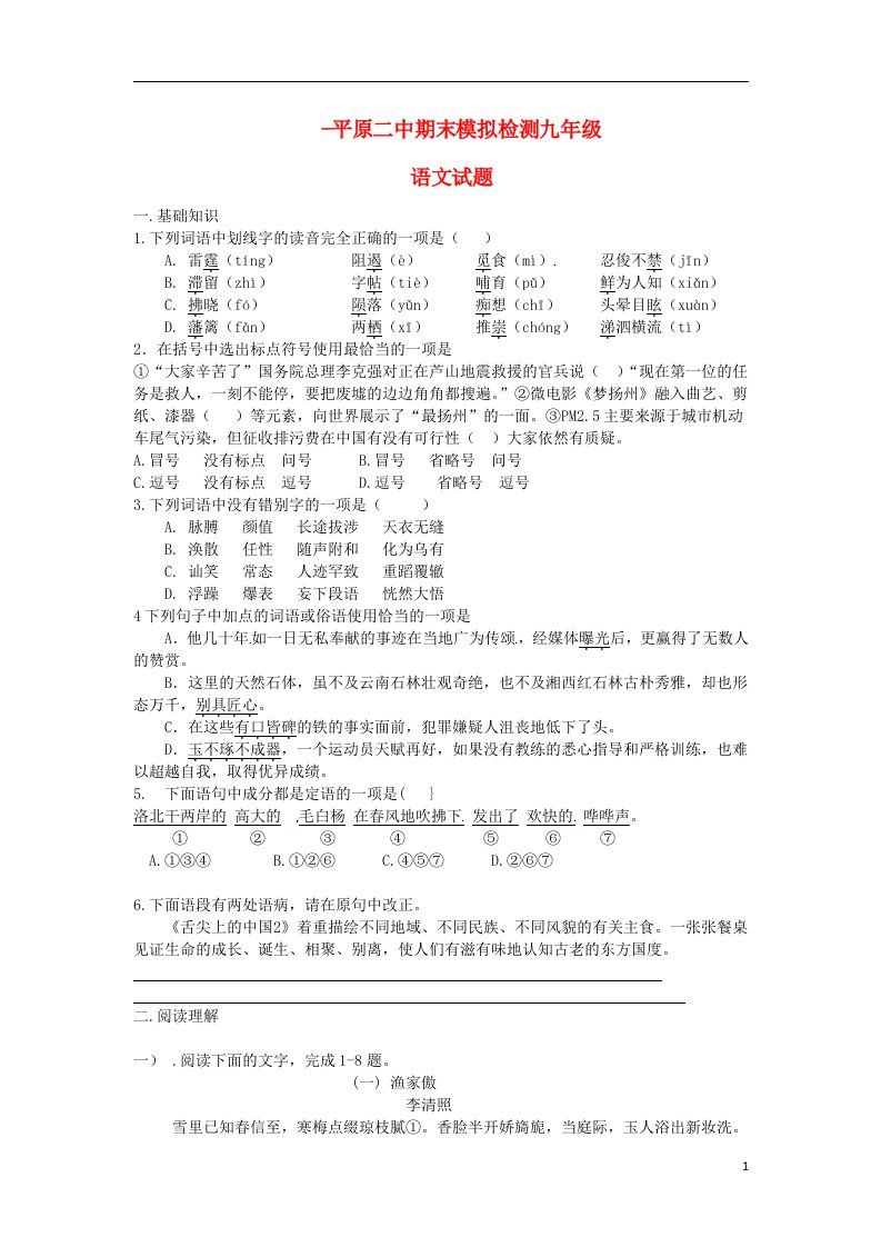 山东省平原县第二中学九级语文上学期期末模拟检测试题