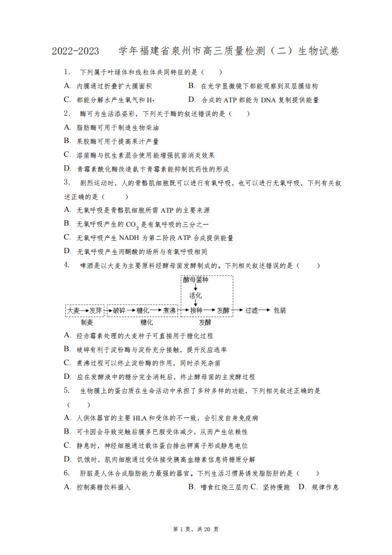 2022-2023学年福建省泉州市高三质量检测(二)生物试卷+答案解析(附后)