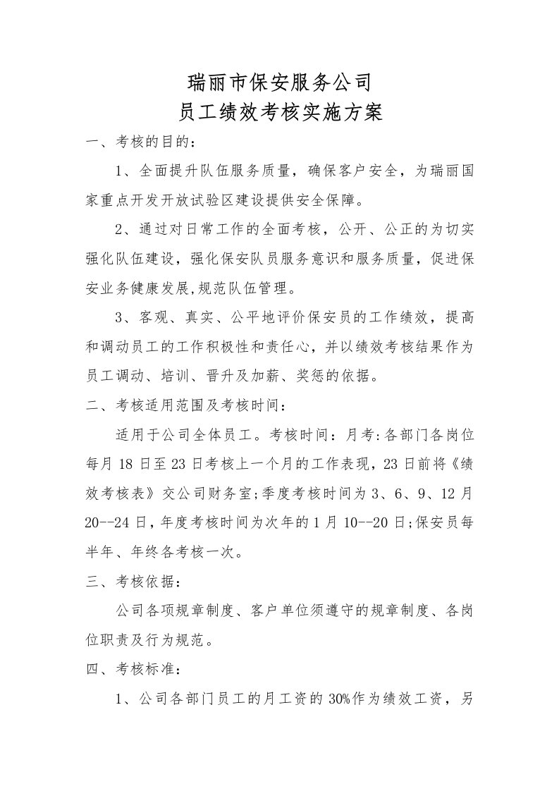 保安公司员工绩效考核实施方案