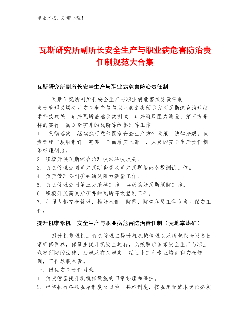 瓦斯研究所副所长安全生产与职业病危害防治责任制规范大合集