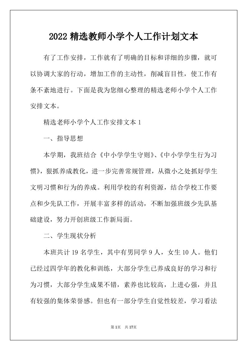 2022年精选教师小学个人工作计划文本