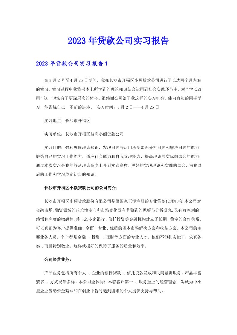 2023年贷款公司实习报告