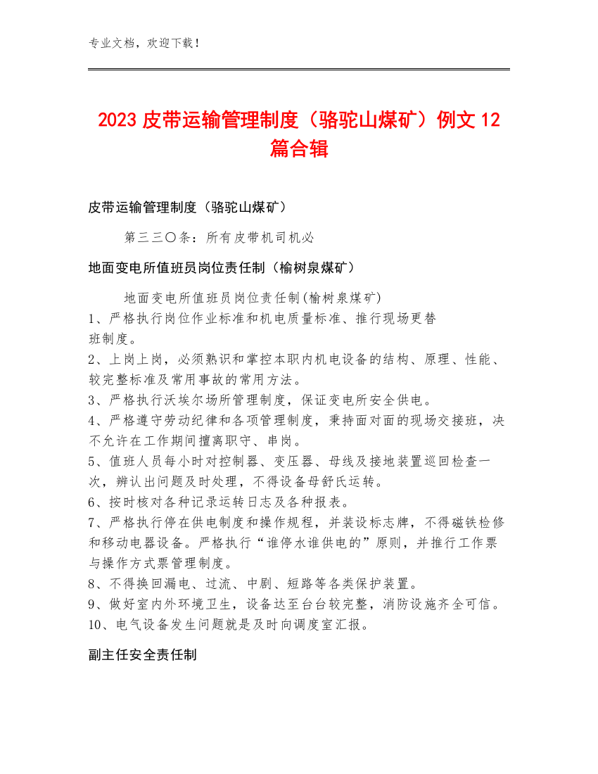 2023皮带运输管理制度（骆驼山煤矿）例文12篇合辑