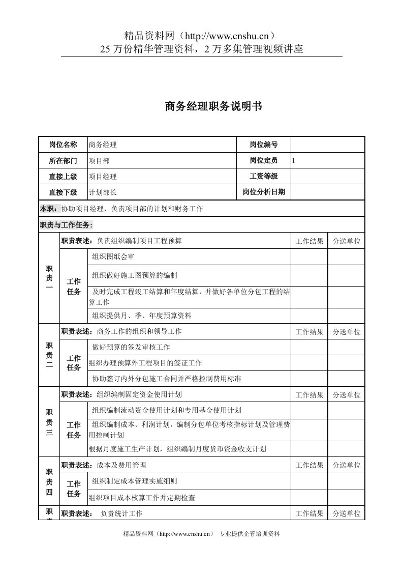 电力公司商务经理岗位说明书