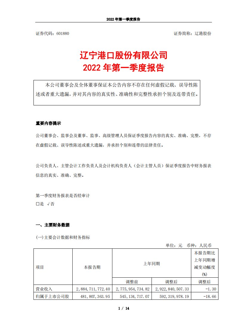 上交所-辽宁港口股份有限公司2022年第一季度报告-20220428