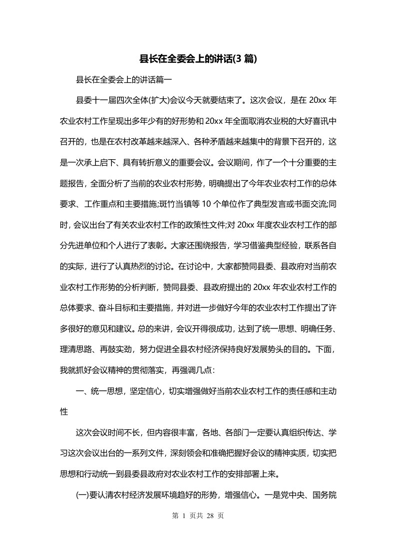 县长在全委会上的讲话3篇