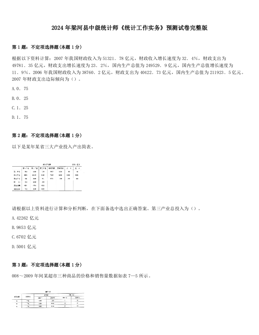 2024年梁河县中级统计师《统计工作实务》预测试卷完整版