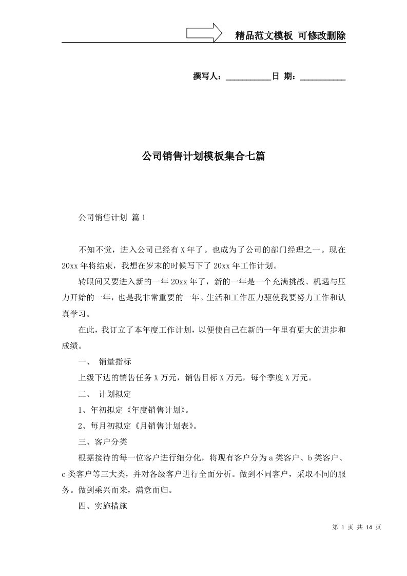 公司销售计划模板集合七篇一