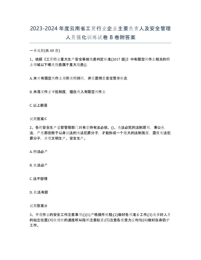 20232024年度云南省工贸行业企业主要负责人及安全管理人员强化训练试卷B卷附答案