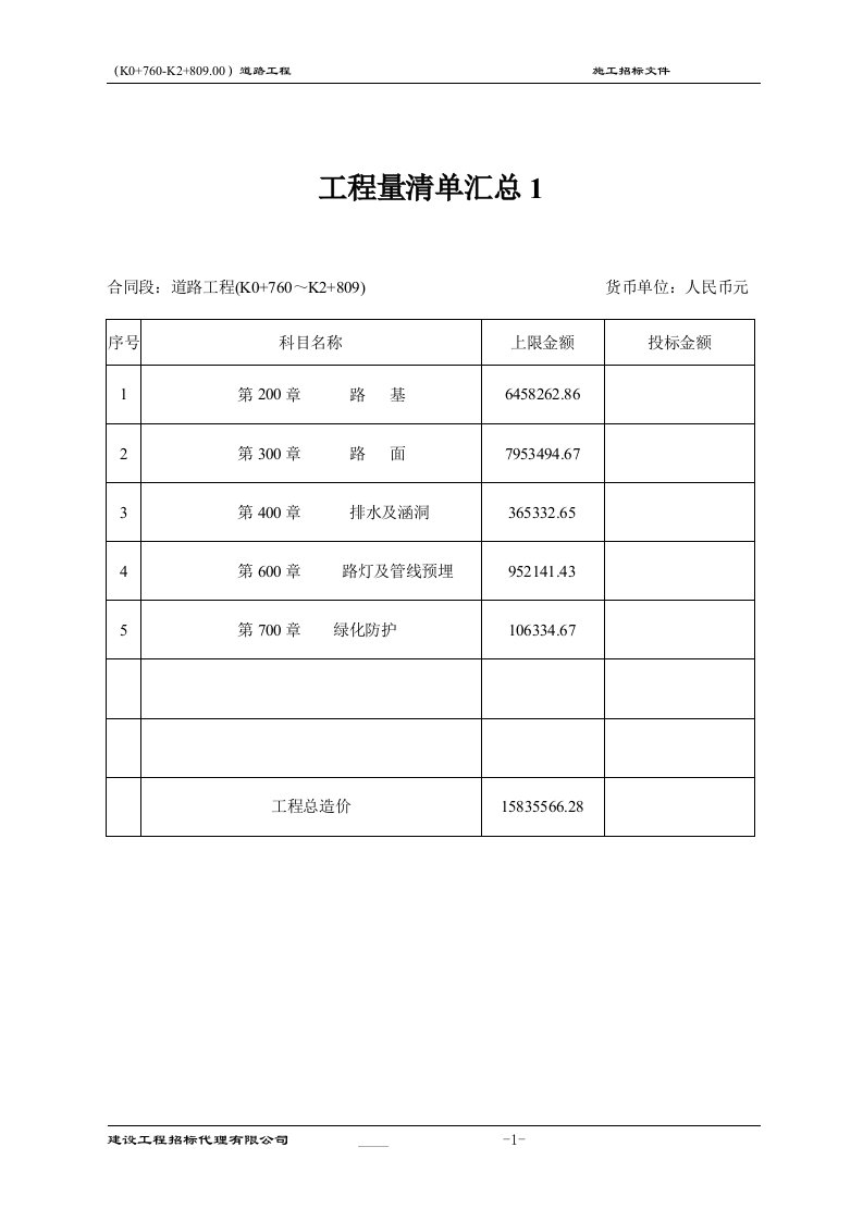 某市政道路工程量清单