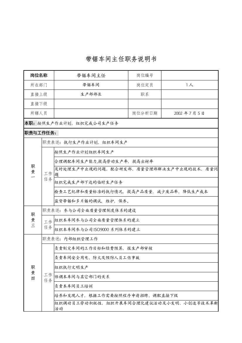 某公司带锯车间主任职务说明书