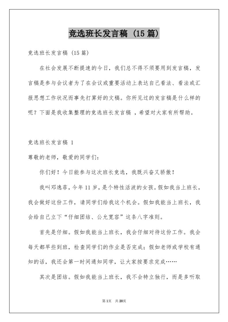 竞选班长发言稿15篇例文