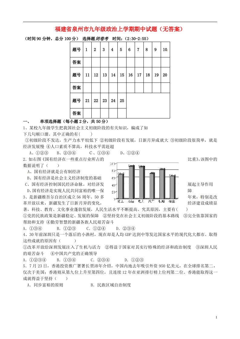 福建省泉州市九级政治上学期期中试题（无答案）