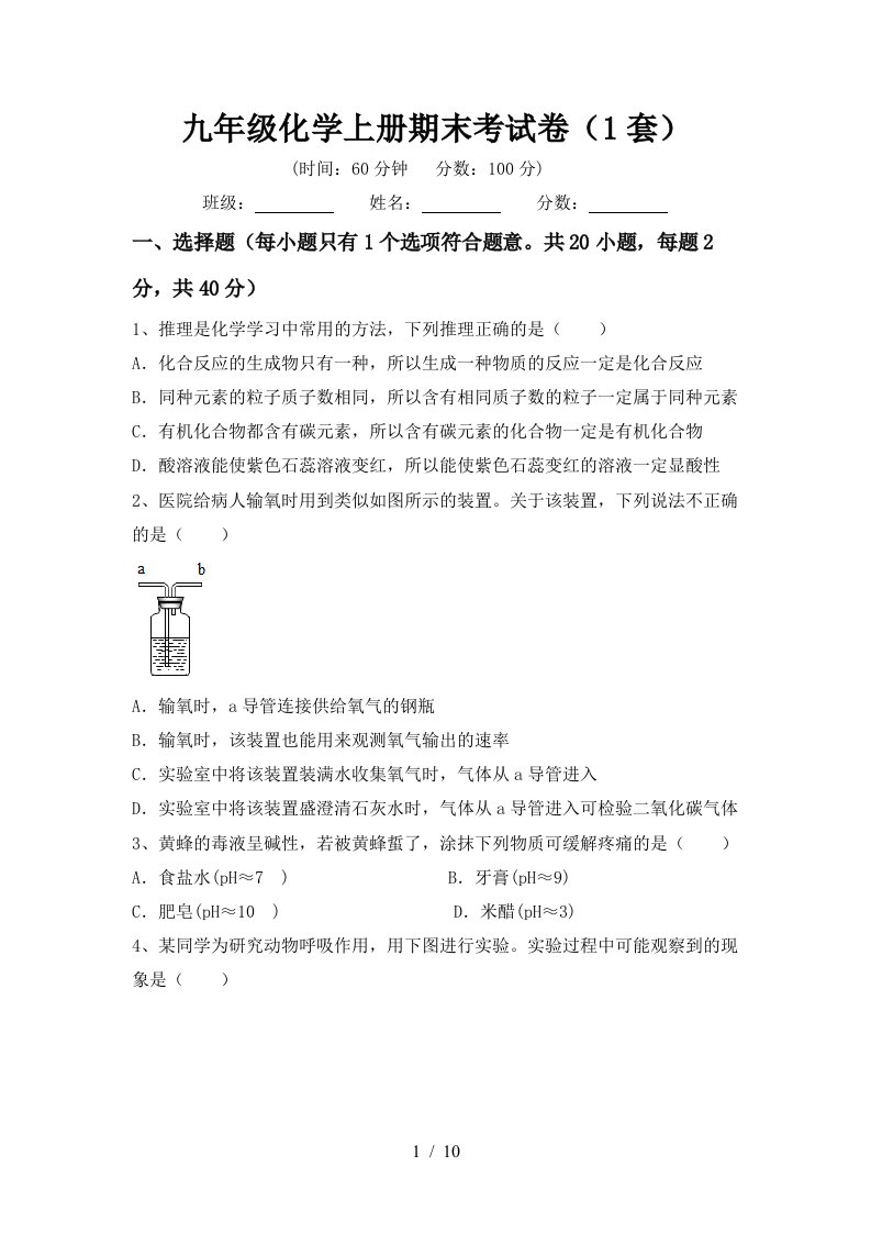 九年级化学上册期末考试卷1套